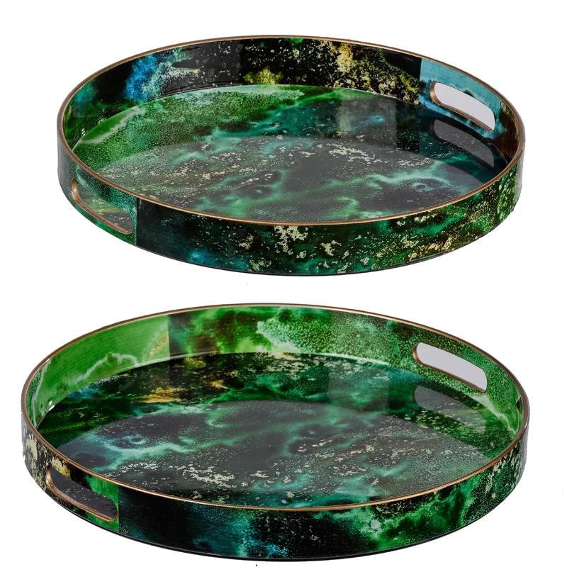 Emerald Elegance Marbled Plastic Serving Tray Set with Cut-Out Handles