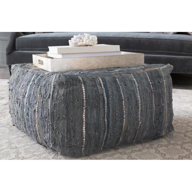 Surya Anthracite 24" Square Leather Pouf in Dark Green and Metallic Silver