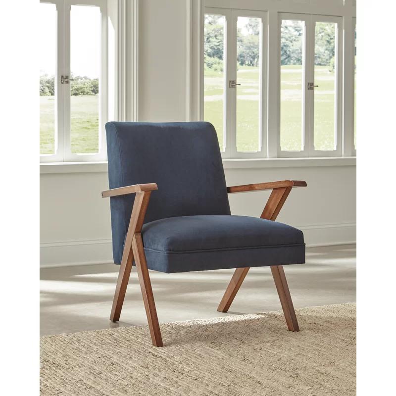 Transitional Dark Blue Velvet Accent Chair with Walnut Arms