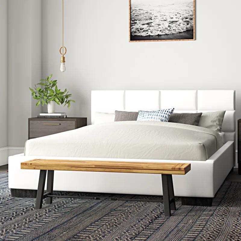 White Queen Faux Leather Upholstered Platform Bed with Tufted Headboard