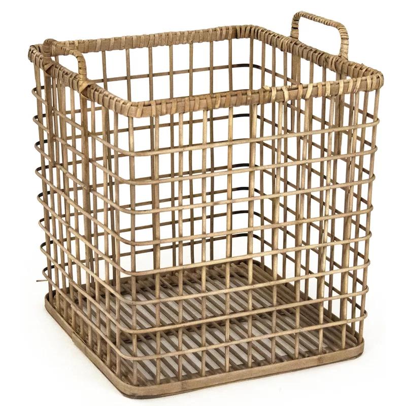Checkered Tan Solid Wood Large Storage Basket