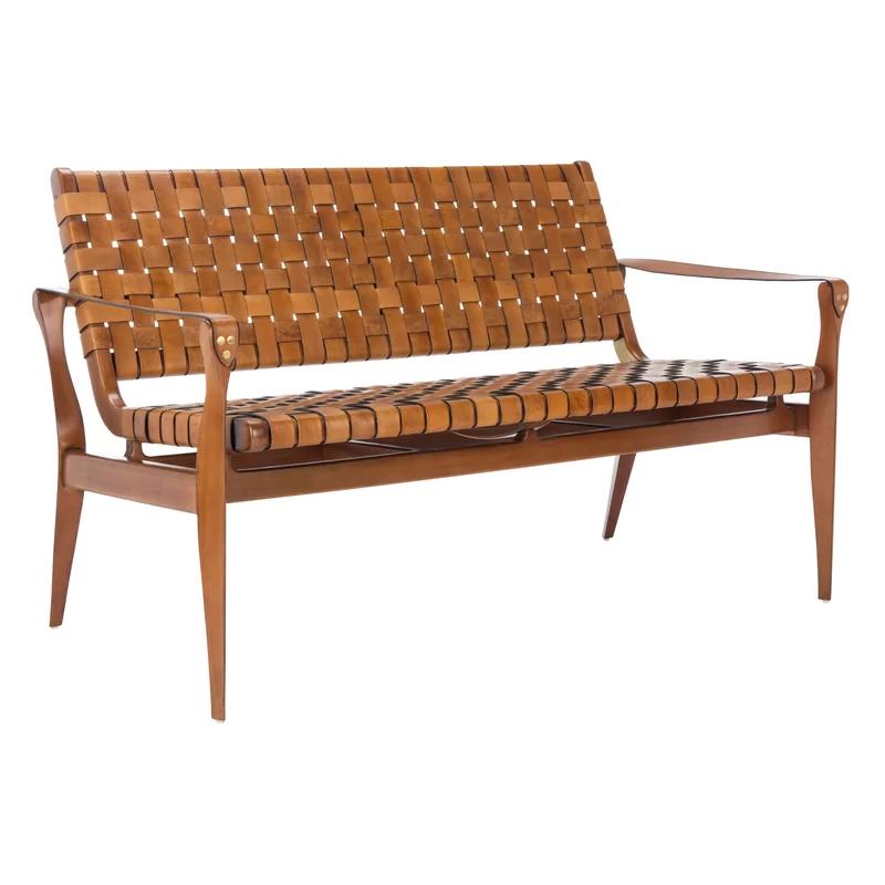 Brenton Solid Brown Leather Loveseat Bench