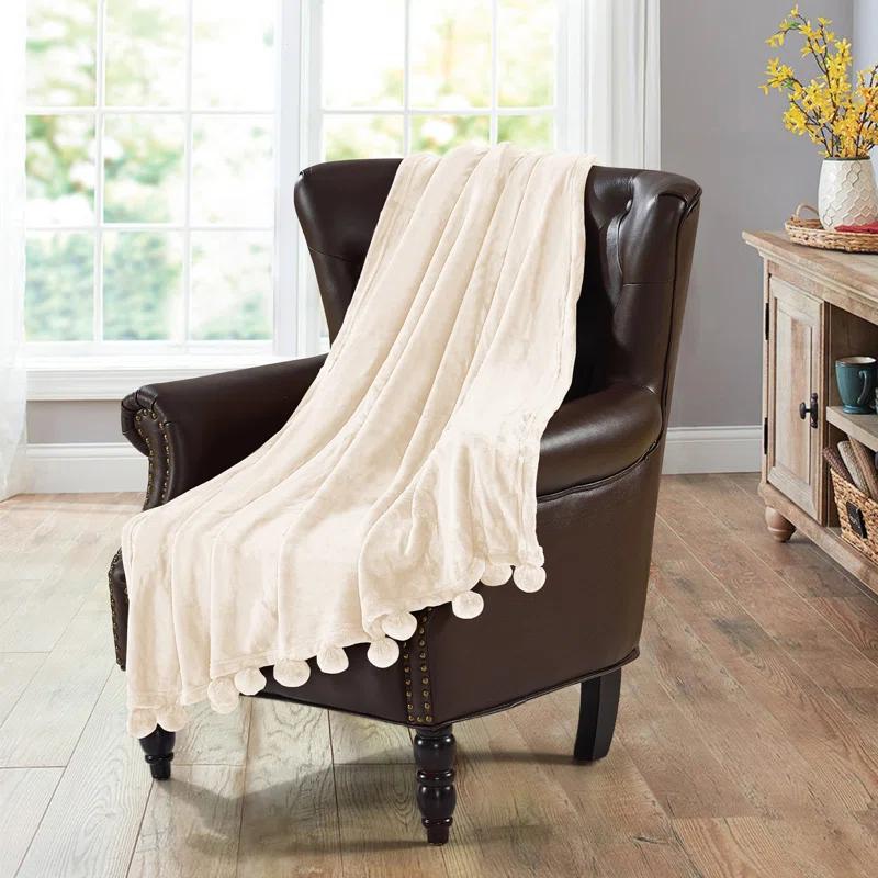 Home Soft Things Flannel Fleece Pom Pom Blanket
