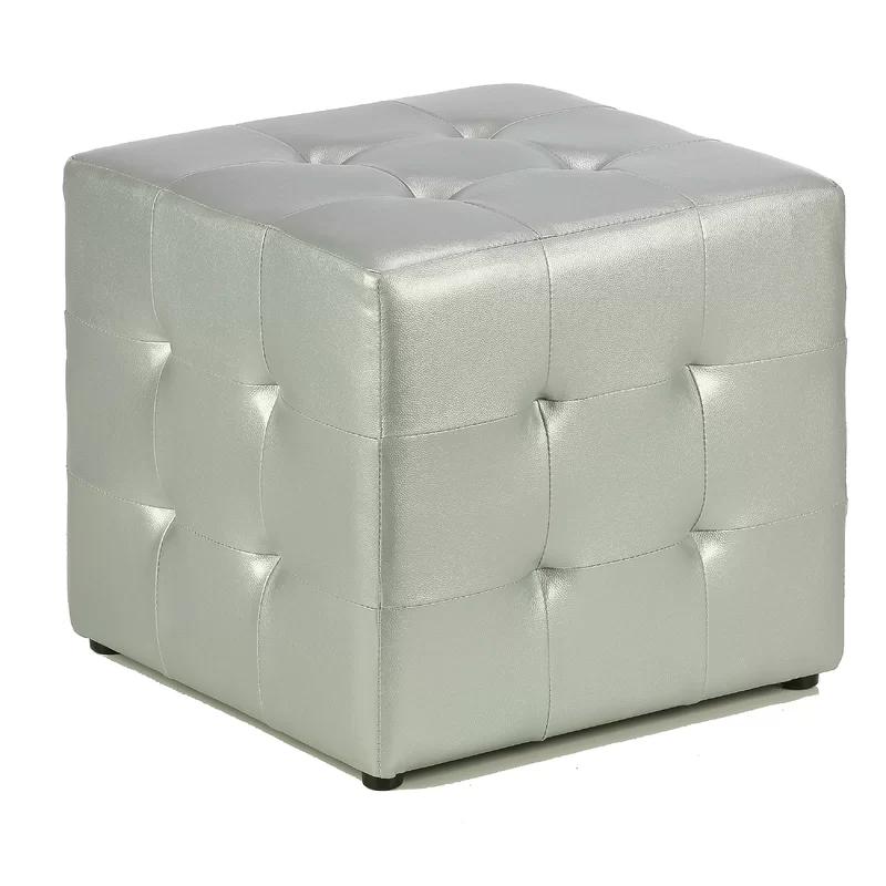 Silver Tufted Faux Leather Square Ottoman