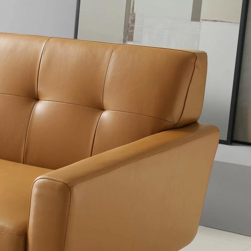 Tan Genuine Leather Tufted Sofa with Wood Legs