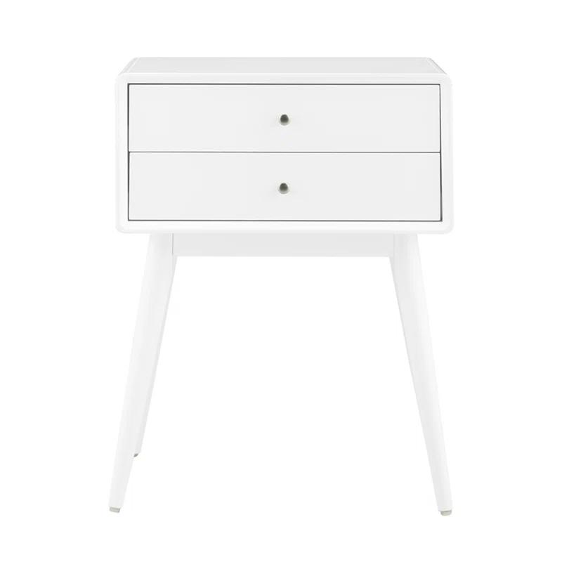 Mid-Century Modern White Wood and Metal Nightstand with Dual Drawers