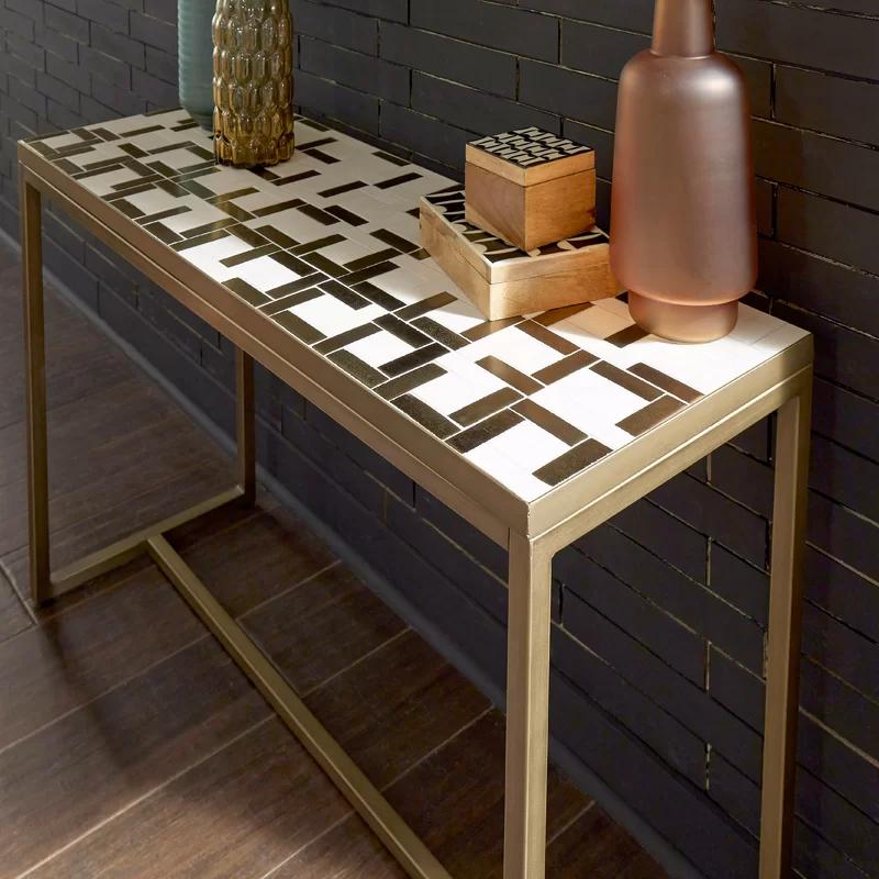 Geometric Mosaic Cream and Gold Tile Console Table with Brushed Brass Base
