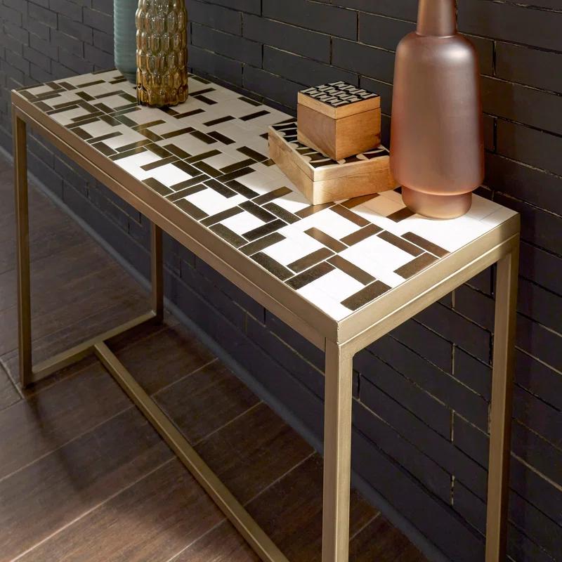 Geometric Mosaic Cream and Gold Tile Console Table with Brushed Brass Base