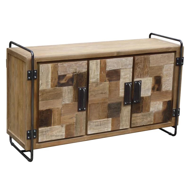 Handcrafted Rustic Teak Wood Media Console with Patterned Cabinet Doors