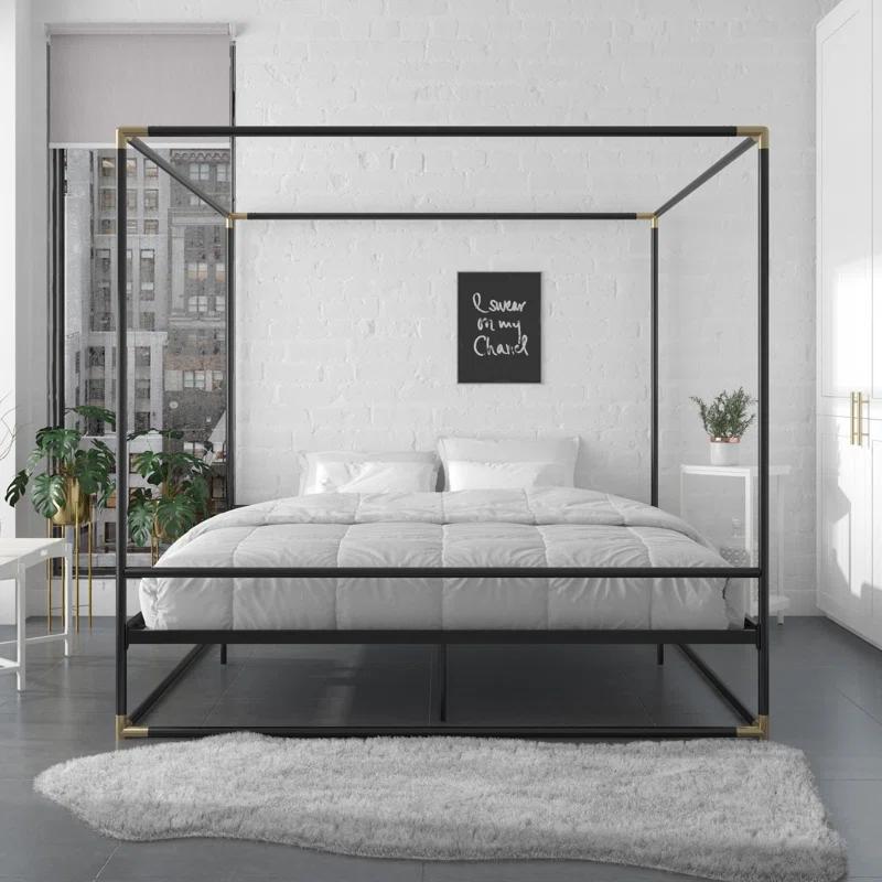 Celeste Black Metal Upholstered King Platform Bed Frame with Slats