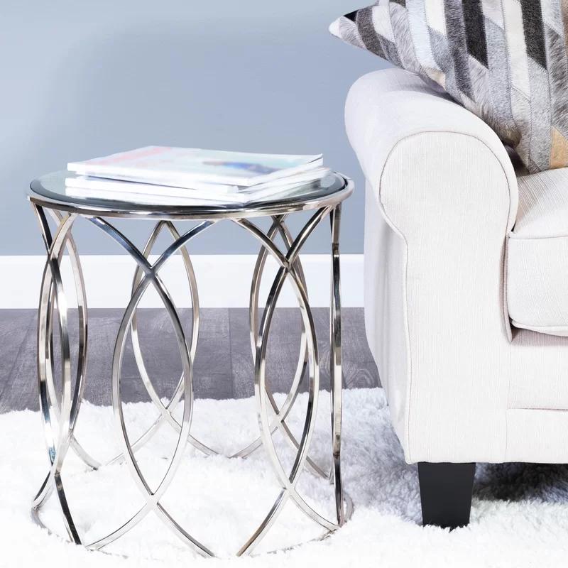 Interlaced Oval Rings Round Mirrored End Table in Polished Nickel