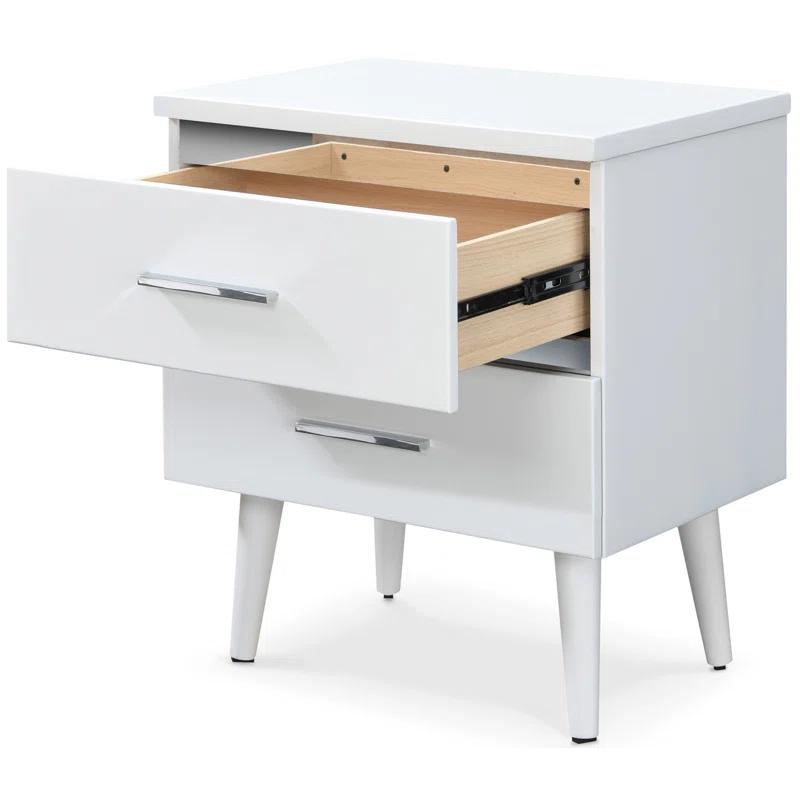 Adore Decor Mid-Century Side Table, 2 Drawers Storage Nightstand, Matte Chrome Handle