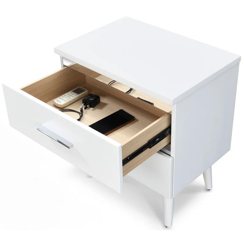 Adore Decor Mid-Century Side Table, 2 Drawers Storage Nightstand, Matte Chrome Handle