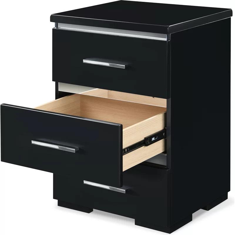 Belmont 3-Drawer Black Nightstand with Chrome Accents