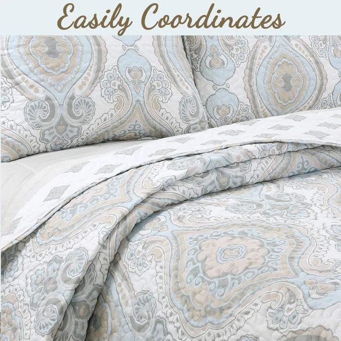 Cozy Line Home Fashion Modern Medallion Sky Blue Tan Gray Brocade Geometric Shapes Quilt Set