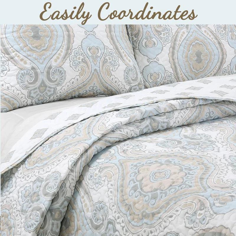 Cozy Line Home Fashion Modern Medallion Sky Blue Tan Gray Brocade Geometric Shapes Quilt Set