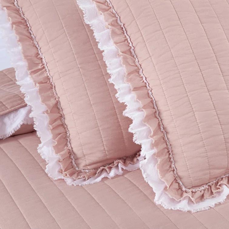Chezmoi Collection Bonnie Double Frayed Ruffled Edge Cotton Quilt Set