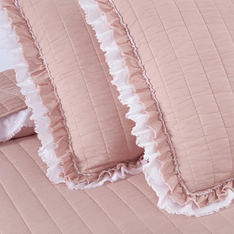 Chezmoi Collection Bonnie Double Frayed Ruffled Edge Cotton Quilt Set