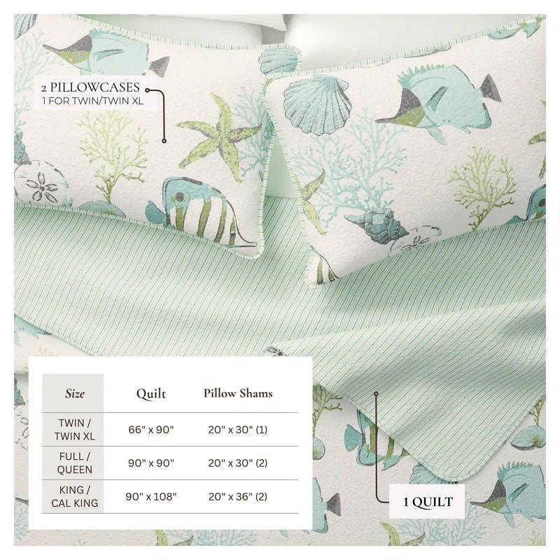FreshFolds Blue / Green Fish & Seashell Quilt Set with Shams