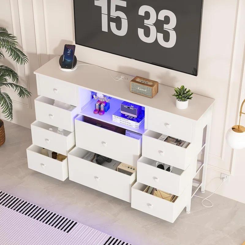 Wrought Studio™ Dresser With Charging Station And LED Lights, Long Dresser For Bedroom Dresser TV Stand With 10 Drawers, Fabric Chest Of Drawers With PU Finish, Wide Dresser Storage Organizer, White