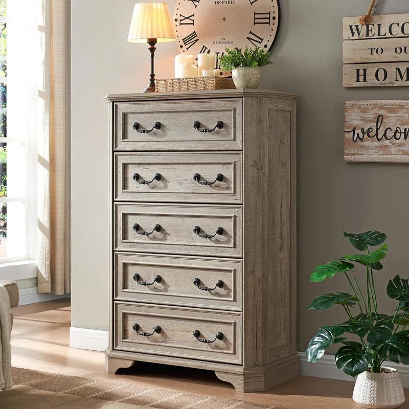 Laurel Foundry Modern Farmhouse® Theron Farmhouse 5 Drawer Bedroom Dresser, Wood Tall Chest of Drawers, Closet Storage for Bedroom