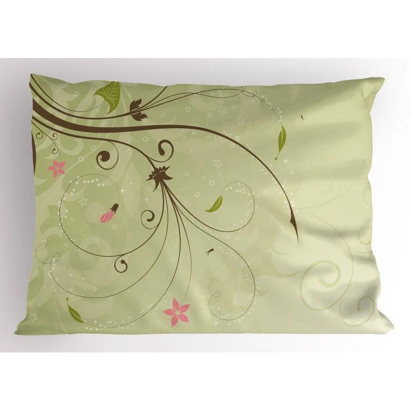 Ambesonne Green and Brown Pillow Sham 2 Pack Swirls Lines Petal Pale Green Brown Pink