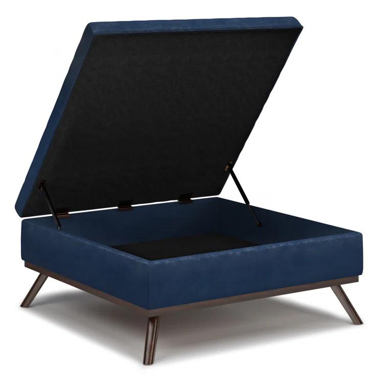 Simpli Home Owen 36"W Upholstered Square Coffee Table Storage Ottoman with Lift Top and Solid Wood Legs