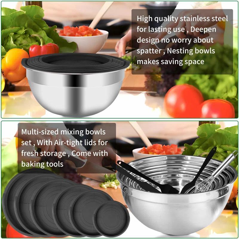 Mixing Bowls Set, 27PCS Stainless Steel Mixing Bowl With Lid Set, Large Nesting Bowls 7, 4.5, 3, 2.5, 2, 1.5QT, Measuring Cups And Spoons Baking Utensils Metal Bowl For Kitchen Prep
