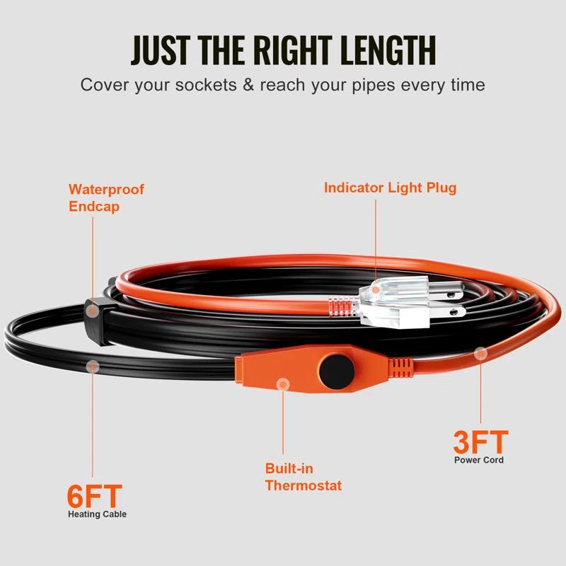 VEVOR Pipe Heating Cable 24FT 7W/FT Heat Tape for Pipes with Built-in Thermostat