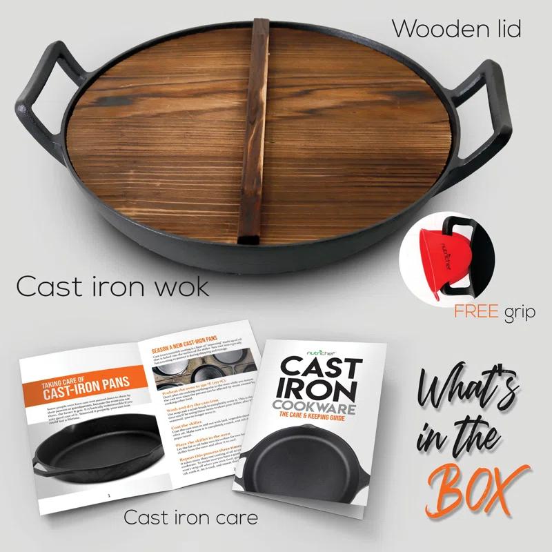 Open Box NutriChef Cooking Wok Cast Iron Stir Fry Pan with Wooden Lid, Black