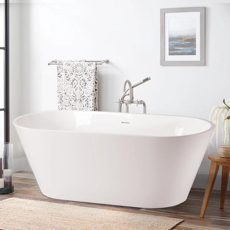 55" Freestanding Soaking Acrylic Bathtub Contemporary Stand Alone Tub with Pop-Up Drain