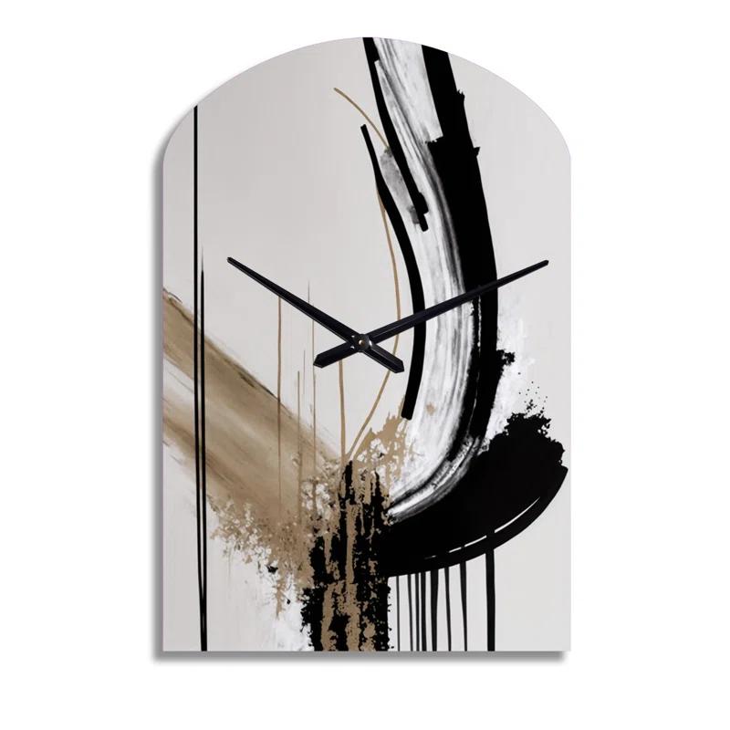Design Art Golden Minimalist Abstract IV - Abstract Asymmetrical Metal Wall Clock, Black Arch Wall Clock Print