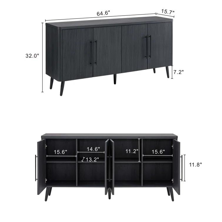 Manhattan Comfort Jodie 65" Mid-Century Modern Sideboard with 8 Adjustable Shelves in Charcoal Gray