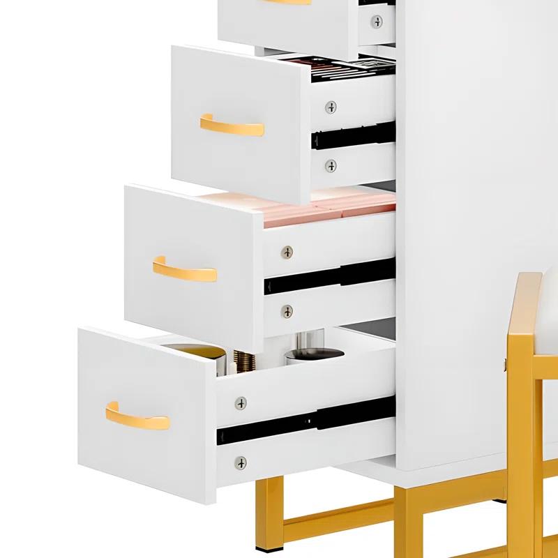 Mercer41 Halide Vanity Desk Makeup Table set Stool with Tri-Fold Mirror, Storage Drawer, and Shelves