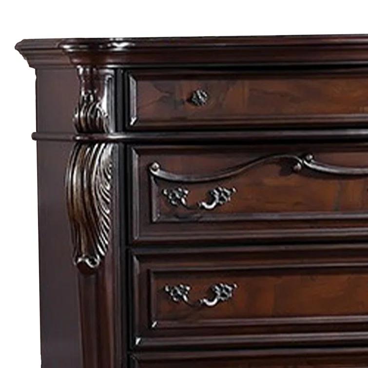 Benjara Venta Tall Dresser Chest, 5 Drawers, Carved Details Cherry Brown Solid Wood | Wayfair