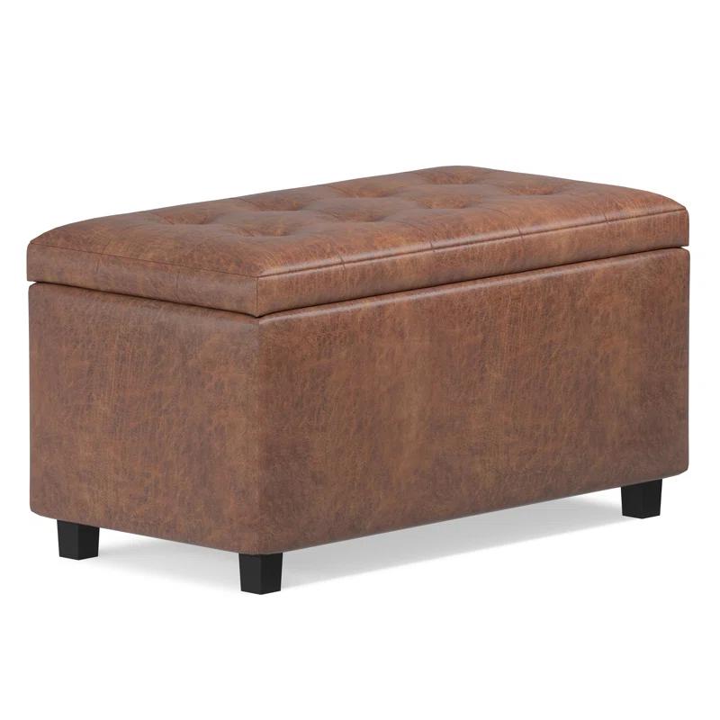 Simpli Home Cosmopolitan 34"W Upholstered Storage Ottoman with Tufted Design and Large Interior Storage
