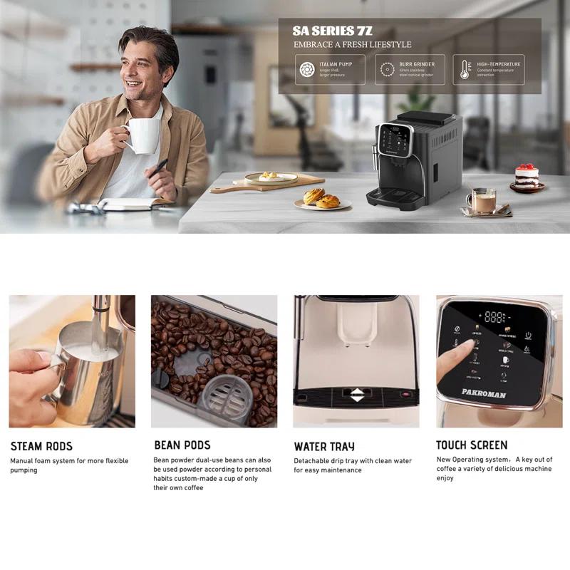 Pakroman Fully Automatic Espresso Machine Milk Frother+19 Bar Italian Ulka Touch Display+Burr Grinder