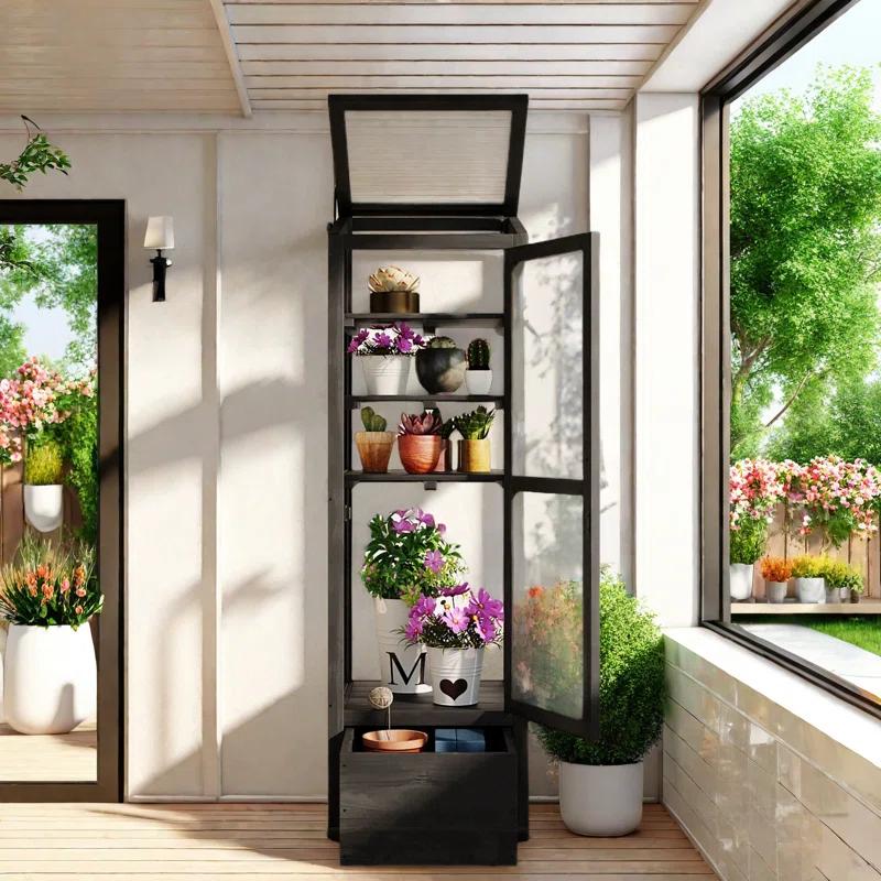 mosaicmotifco Wood Garden Greenhouse Balcony Portable Mini Cold Frame With Movable Storage Box, Adjustable Shelves And 1 Drawer