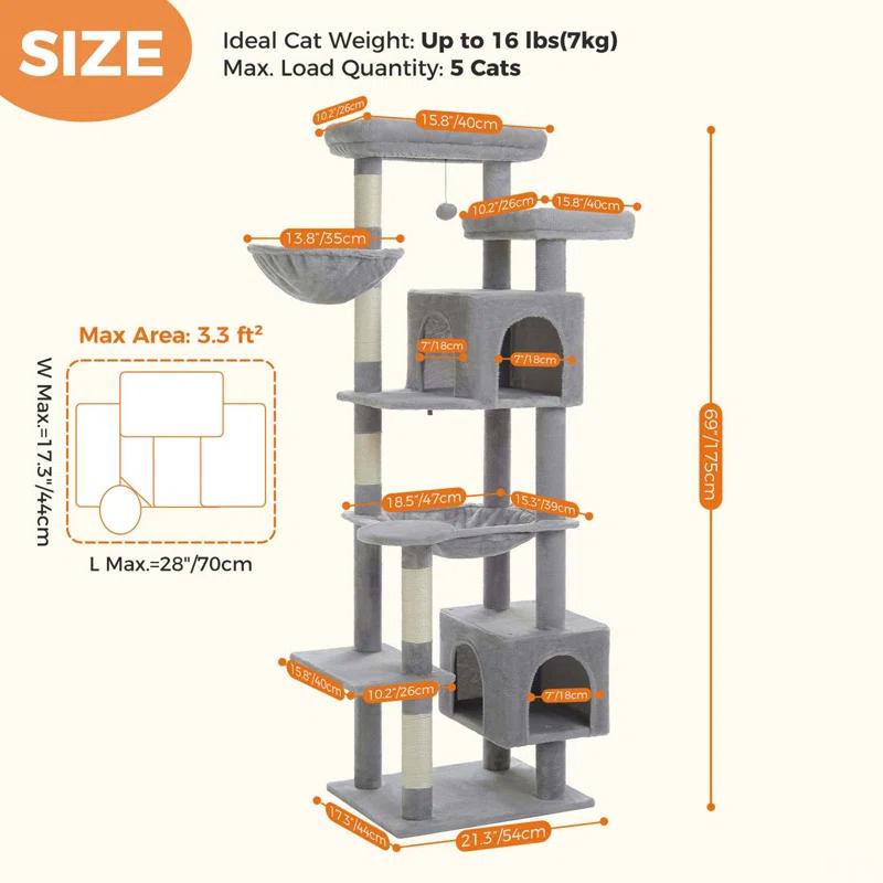 Ophelia & Co. 69" Tall Cat Tree Tower For Indoor Large Cats With Super Large Hammock, Scratching Posts, Condo House And Large Top Perch