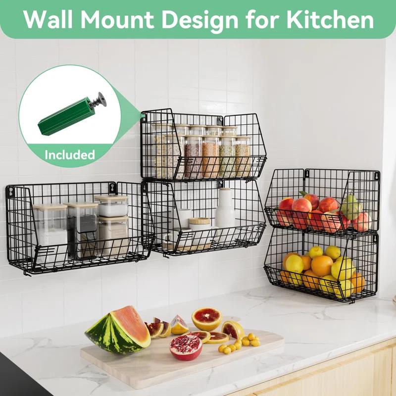 Rebrilliant Hanging Baskets For Organizing, 5 Tier Wall Basket Storage For Kitchen, Wire Closet Organizer Shelves For Small Space, Multifunctional Wall Mounted Baskets For Laundry Room, Pantry, Fruit