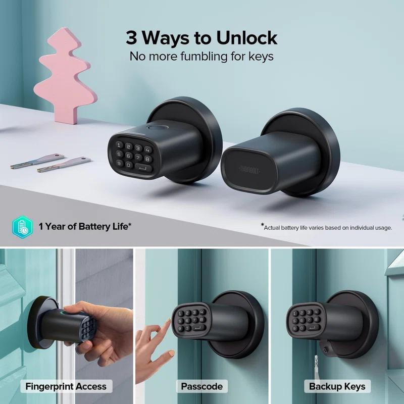 Keyless Entry Door Lock, Fingerprint Door Lock With Keypad Biometric Door Handle, Automatic Locking, For Interior Doors Up To 2-1/4" Thick, Bedroom, Home Office, Garage, 4 AA Alkaline Batteries, MD1 Black
