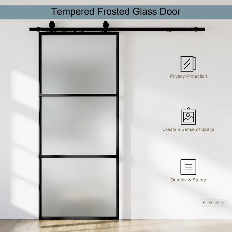 Metal and Glass Sliding Barn Door with Installation Hardware Kit ( Soft-close Included)