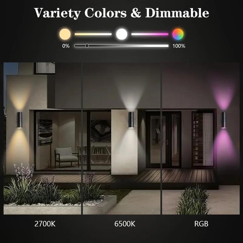 Modern RGB Outdoor Light, 2700K-6500K Ambience Outdoor Wall Sconce Color Changing, Wifi App Control Up Down Lights, Smart Exterior Wall Light For House Porch, Works With Alexa Google Assistant