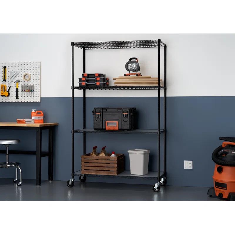 TRINITY Black 4-Tier NSF Rolling Steel Wire Shelving Unit w/ Liners & Wheels (48 in. W x 18 in. D)