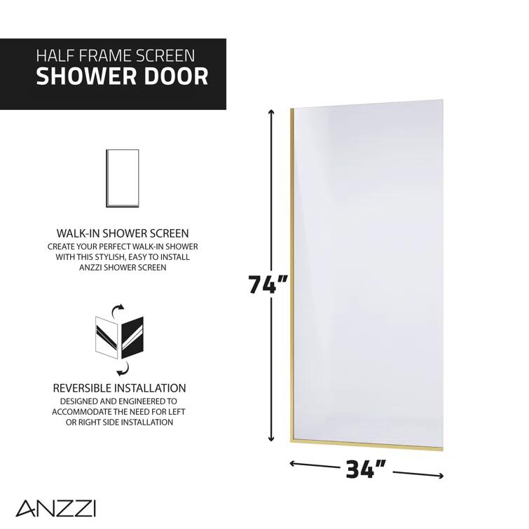 ANZZI Veil Series 34” W x 74” H Frameless Glass Fixed Shower Screen Shower Door SD-AZFL06001BGF