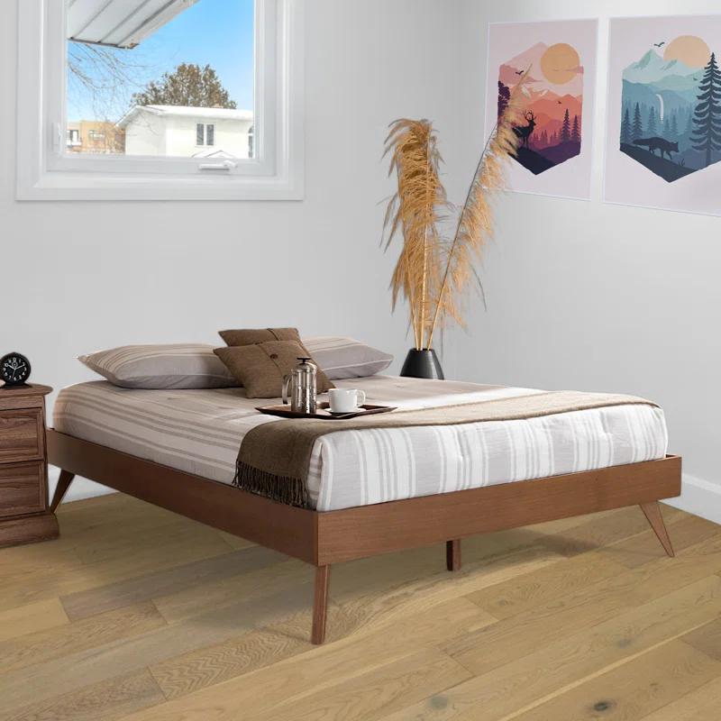George Oliver Melbourne  Platform Bed Frame in Mid-Century Modern Walnut Brown Finished Wood