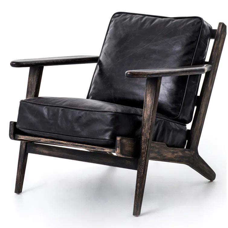 Landon Ebony Leather Lounge Chair with Distressed Oak Frame