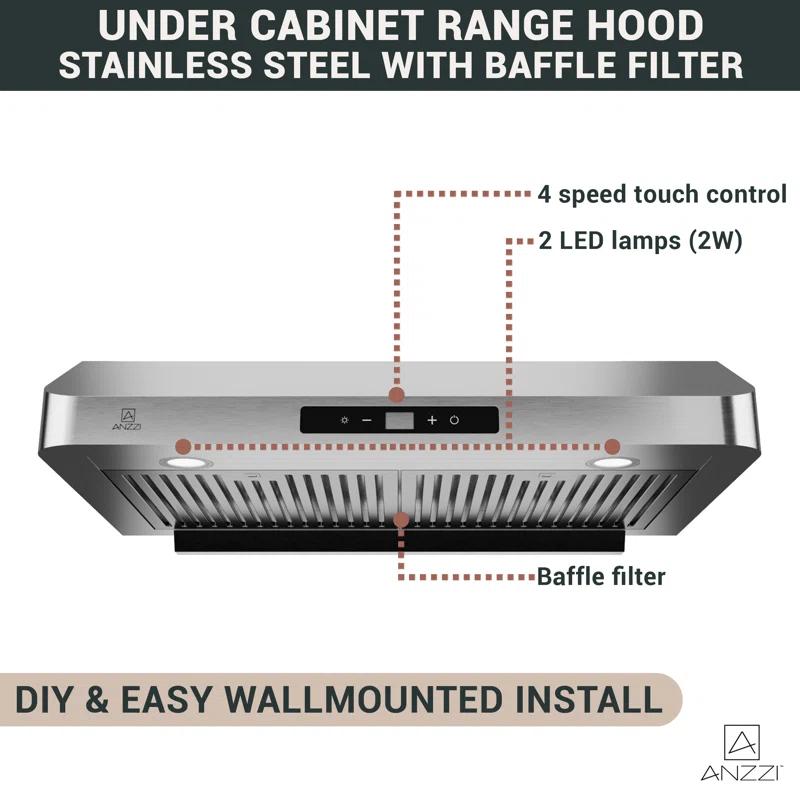 30" Stainless Steel Under Cabinet Range Hood With Washable Baffle Filter And LED Lights For Ducted Kitchen Over Stove Vent