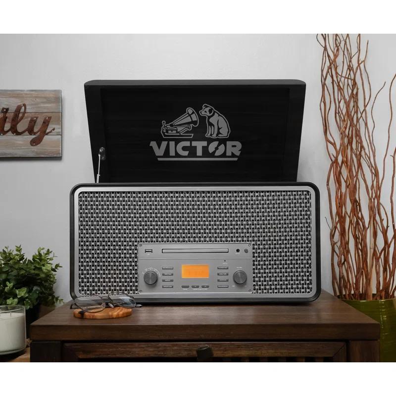 Victor 8-in-1 Wood Music Center with Bluetooth Vinyl Record Player