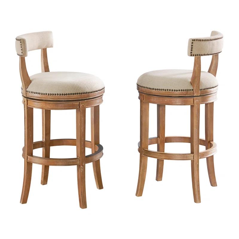 Alaterre Hanover Swivel Bar Height Stool, Weathered Brown and Beige, Solid Rubberwood Frame with Faux Linen Upholstered Seat, Nailhead Trim, Memory Return Swivel, 20 in. W x 22 in. D x 41 in. H